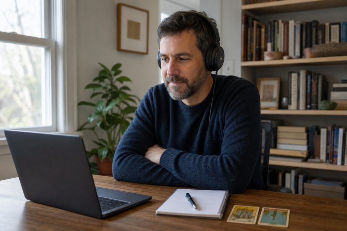 Man in his forties wearing headphones on a laptop video call in a home office, with a notepad, a pen and two illustrated cards on the desk in morning light