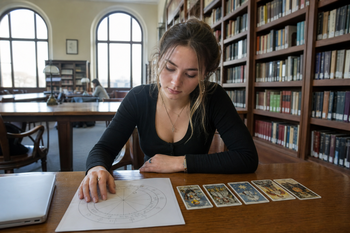 Astrology and tarot: birth chart wheel and cards on a library table Young woman at a library reading table with a printed birth-chart wheel beside a row of illustrated tarot cards and a closed laptop, tall windows and daylight