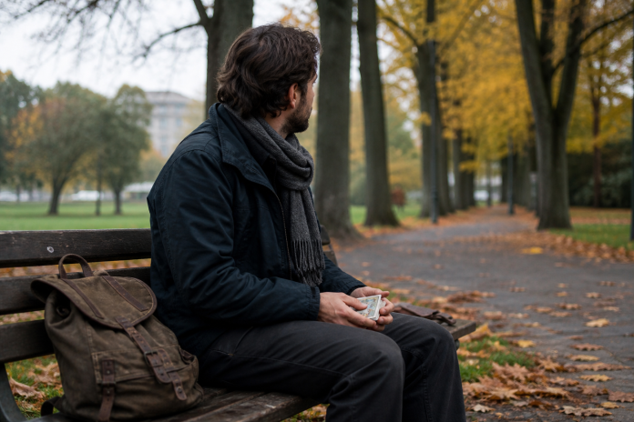 A man in his thirties sits on a park bench in autumn holding a small deck of illustrated cards, looking toward the trees, with fallen leaves and a backpack beside him