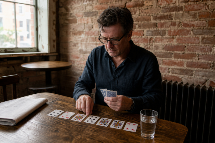 Cartomancy: reading an ordinary deck of playing cards at a wooden table Man in his fifties reading a row of ordinary playing cards on a pub-style wooden table beside a glass of water and a folded newspaper, brick wall and side window daylight