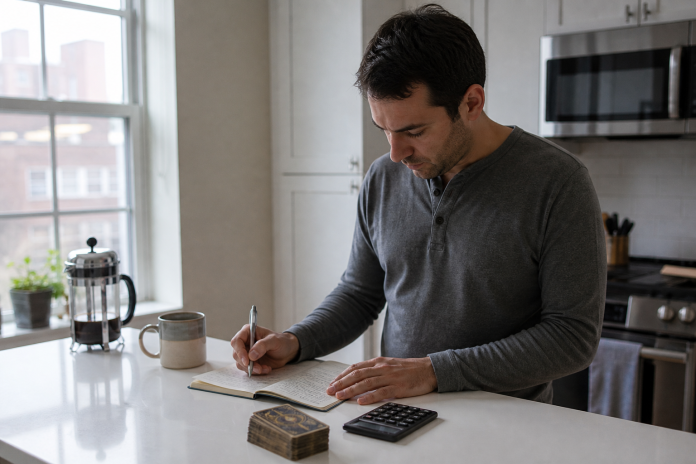 Man in his thirties writing in a paper notebook at a kitchen counter beside a small stack of illustrated cards and a calculator, morning light, French press in the background