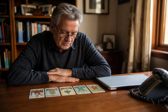 How accurate are tarot readings: five cards on a home-office desk Man in his sixties with reading glasses studying five illustrated cards on a wooden desk beside a closed laptop and landline phone in late afternoon light