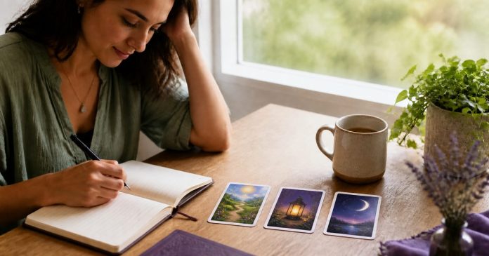 Woman journaling beside three symbolic tarot cards in morning light