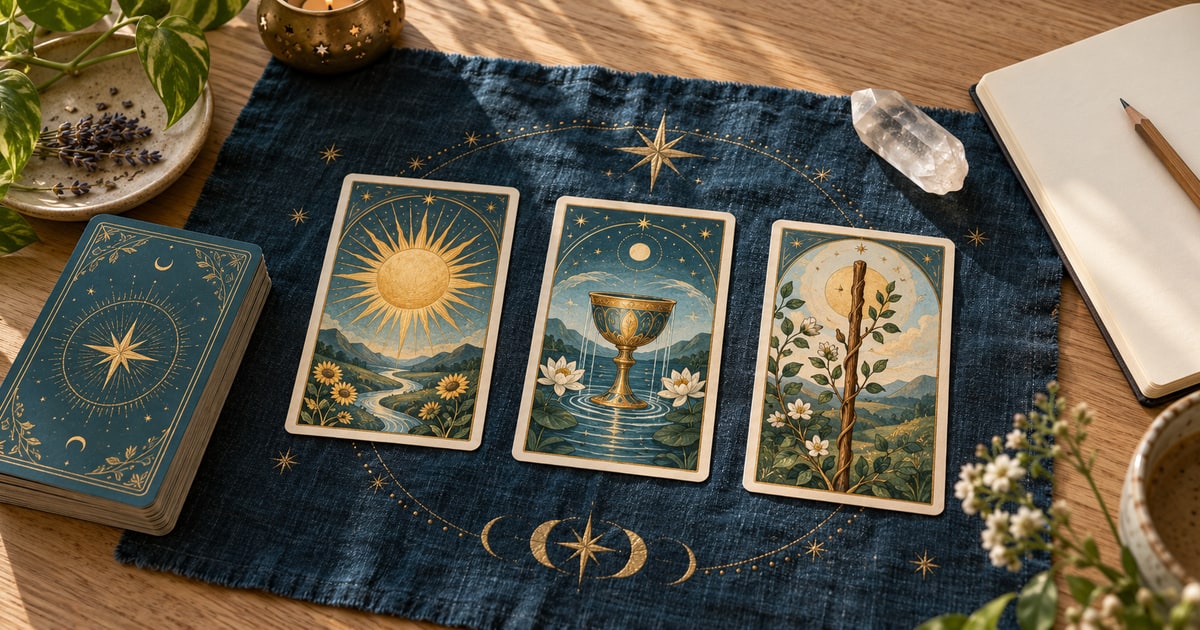 Three symbolic tarot cards on an indigo cloth beside quartz and a notebook