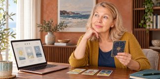 Will AI Replace Tarot Readers? What Apps Do and What Humans Add Blonde woman holding a tarot card beside a copper laptop displaying three illustrated cards.