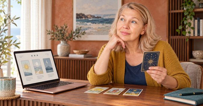 Tarot cards and a digital reading tool Blonde woman holding a tarot card beside a copper laptop displaying three illustrated cards.