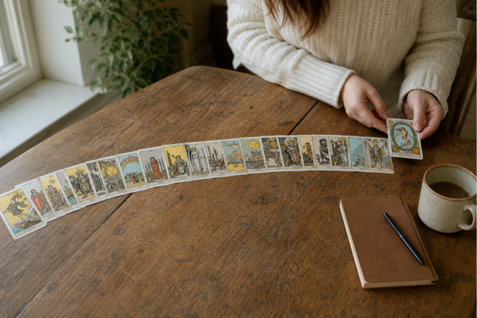 The Fool's Journey: All 22 Major Arcana Cards Explained All 22 Major Arcana tarot cards laid out in a line on a wooden table, with a woman's hands placing the last card