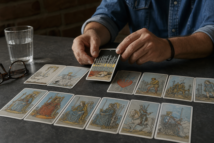 What Do the Sword Cards Mean? Suit of Swords, Ace to King The fourteen Suit of Swords tarot cards fanned on a slate counter while a man turns over the Ten of Swords