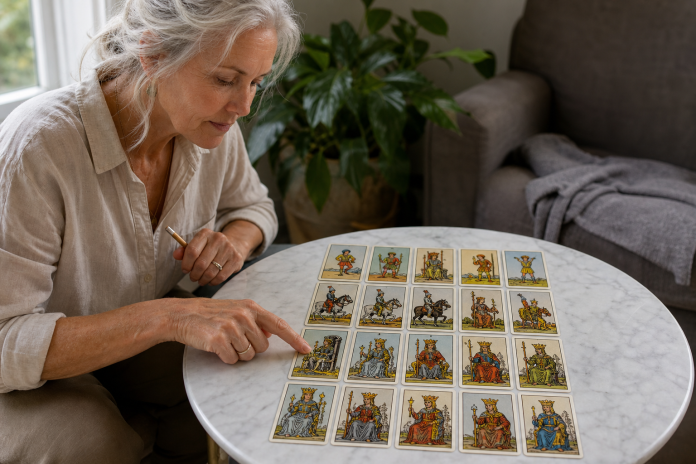 Reading the Tarot Court Cards: All 16 Cards Explained Sixteen tarot court cards laid out in a four-by-four grid on a marble coffee table as a woman points at the Queen of Cups