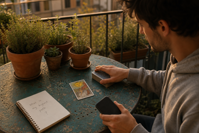 Yes or No Tarot Reading: How It Works and When to Use It A single tarot card, the Sun, turned face up on a small balcony table next to a stacked deck and an open notebook