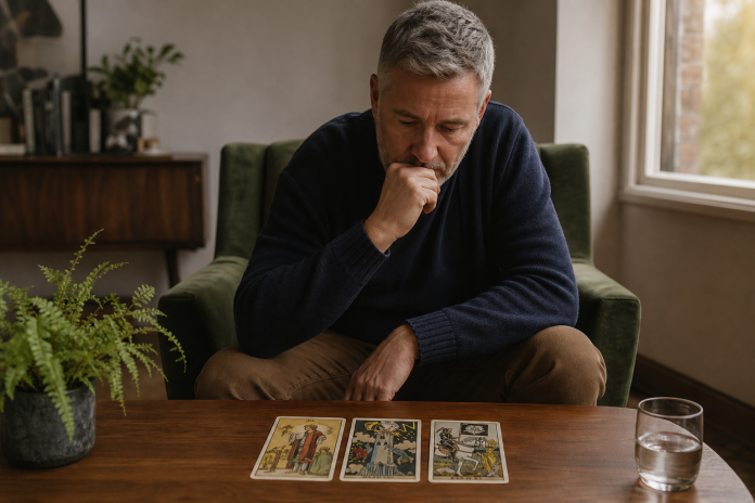 Interpreting Bad Tarot Cards: Death, the Tower, the Devil and More A man studies three tarot cards on a walnut coffee table, including the Tower and Death cards, in a quiet living room