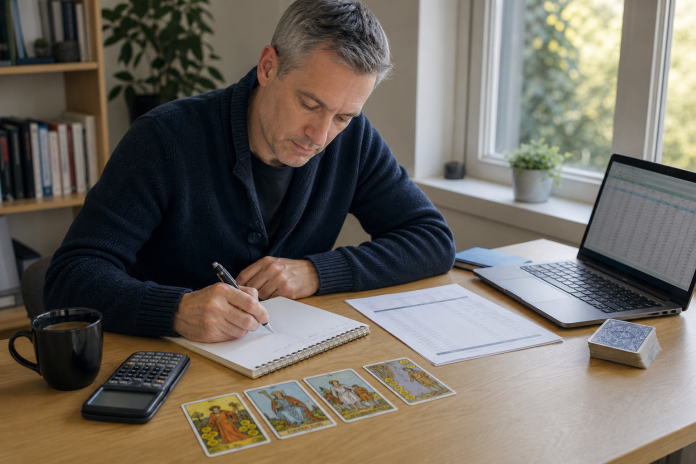 Understanding Finances With Tarot: Money and Career Readings Man at a home office desk with a row of Pentacles tarot cards beside a laptop spreadsheet, bank statement and calculator