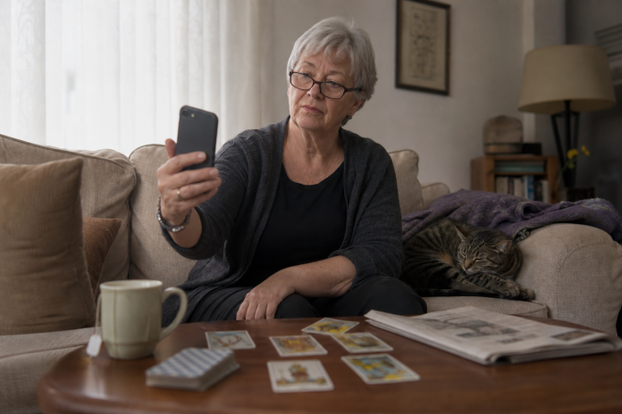 Breaking a Curse: How the Curse Removal Scam Works Older woman on a sofa holding a phone at arm's length with a sceptical look, tarot cards including the Tower on the coffee table
