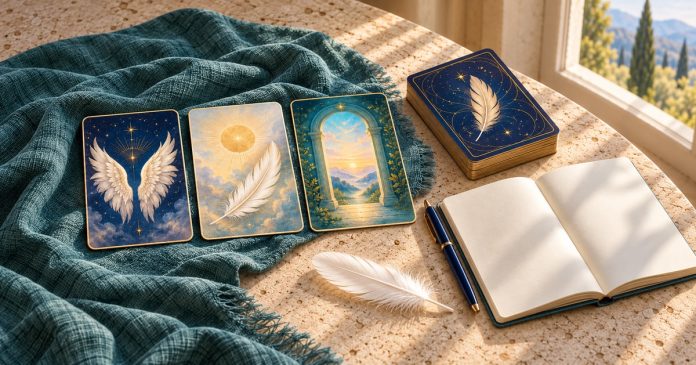 Angel oracle cards and a reflection journal Three angel-themed oracle cards showing wings, a feather and a doorway beside a blank journal on teal linen