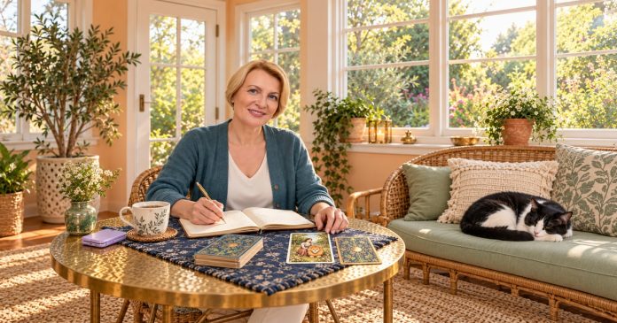 A woman journals beside tarot cards in a sunroom while a black-and-white cat rests on a nearby bench.