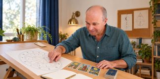 Astrology and Tarot Together: How Readers Combine Signs, Planets and Cards Gray-haired man comparing a printed astrological chart with three tarot cards at a drafting desk.