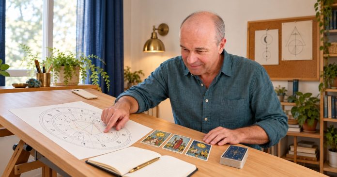 Astrology chart and tarot study Gray-haired man comparing a printed astrological chart with three tarot cards at a drafting desk.