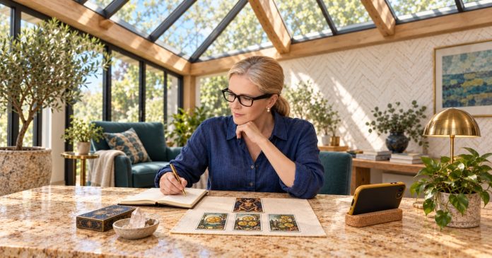 Capricorn tarot cards: the Devil and Pentacles Blonde woman with black glasses writing beside a Devil tarot card, three Pentacles cards and a mustard phone on a stone desk.