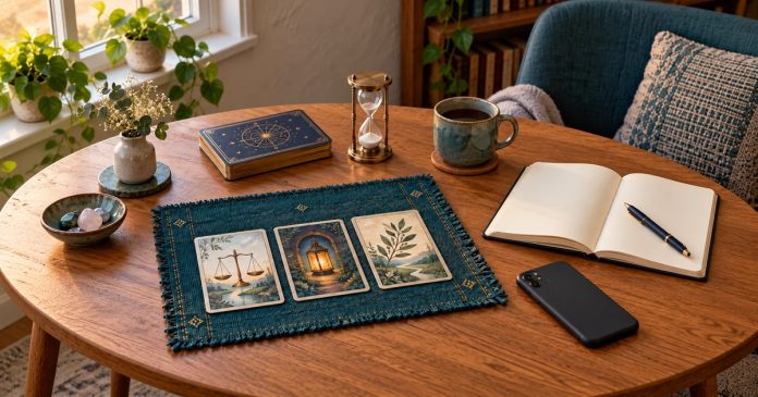 Tarot Journaling and Caring Boundaries Three symbolic cards, a tarot deck, notebook, face-down phone and sand timer on a teal reading mat and oak desk.