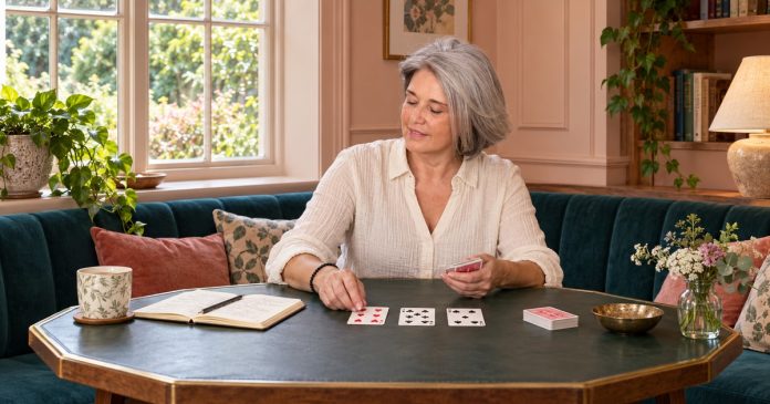 Silver-haired woman laying ordinary playing cards beside a notebook on a green octagonal table