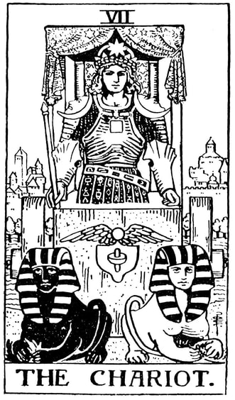 The Chariot VII drawing with an armoured figure, starry canopy and two contrasting sphinxes; no reins are visible.