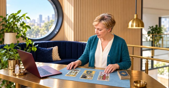 The Chariot tarot reading Short-haired blonde woman arranging three tarot cards beside a burgundy laptop on a bronze reading table.