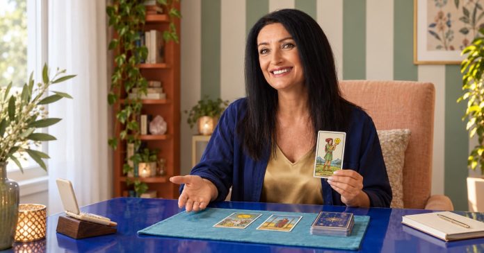 Woman presenting a Page of Pentacles tarot card beside a small spread and an open cream flip phone.