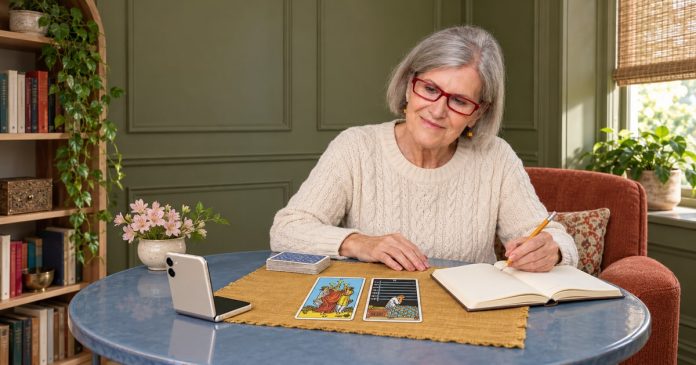 Woman with red glasses comparing two tarot cards beside an open notebook and a pearl-white folding phone on a blue-grey table.