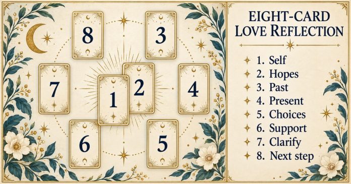 Eight-Card Love Reflection Spread Eight-card spread: centre 1 self and 2 hopes; clockwise 3 past, 4 present, 5 choices, 6 support, 7 clarify, 8 next step.