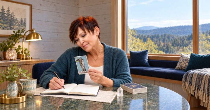 The Hermit tarot card: a quiet reflection practice Woman with short auburn hair holding the Hermit tarot card and writing in a journal beside a wooded-hill window.