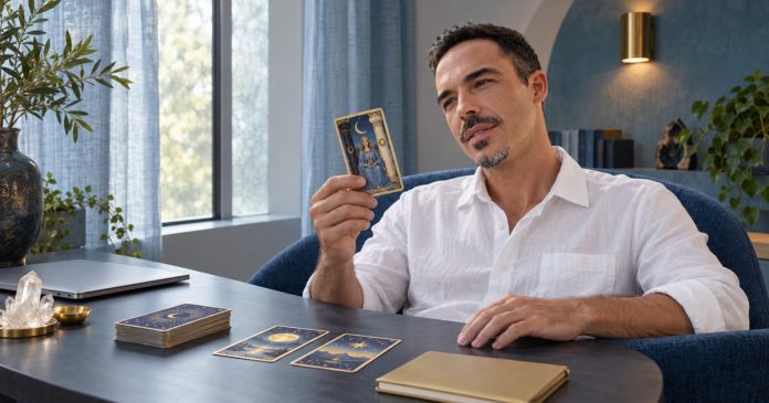 Man with a salt-and-pepper goatee studying a High Priestess tarot card beside a deck, quartz and closed silver laptop.