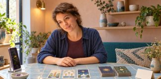 Tarot Cards for LGBTQ+ Clients: Reading Without Assumptions Curly-haired woman beside three tarot cards and two decks at a blue tiled table.
