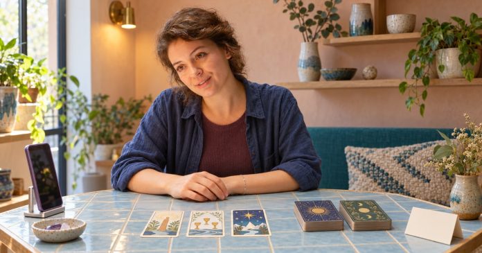 A welcoming tarot-reading setting Curly-haired woman beside three tarot cards and two decks at a blue tiled table.