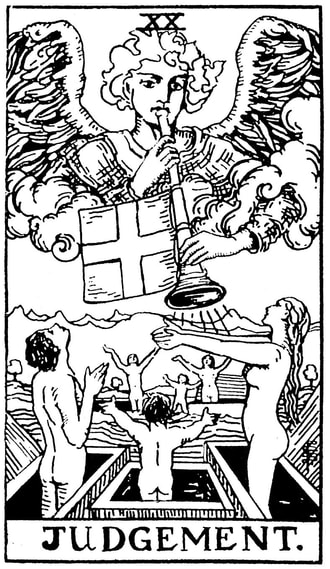 Judgement XX drawing: an angel blows a trumpet with a cross banner above figures rising from tombs.