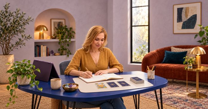 A woman writes in a journal beside three tarot cards and a plum convertible laptop on a blue table.