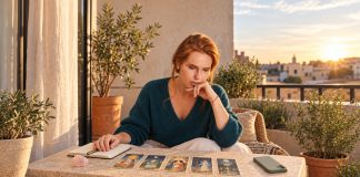 Love Tarot Readings: A Grounded Guide to Questions, Spreads, Card Meanings and Red Flags Red-haired woman considering five tarot cards beside a notebook and rose quartz on a sunlit balcony.