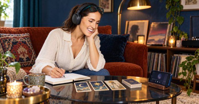 Woman wearing headphones and journaling beside three tarot cards and a phone music player.