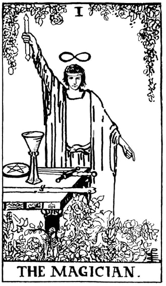 The Magician I drawing: one hand raises a wand, the other points down, with four suit tools on the table and an infinity sign above.