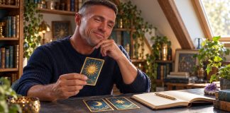 Which Major Arcana Cards Mean Yes or No in Tarot Readings Man considering a sun tarot card beside moon and star cards and an open journal.