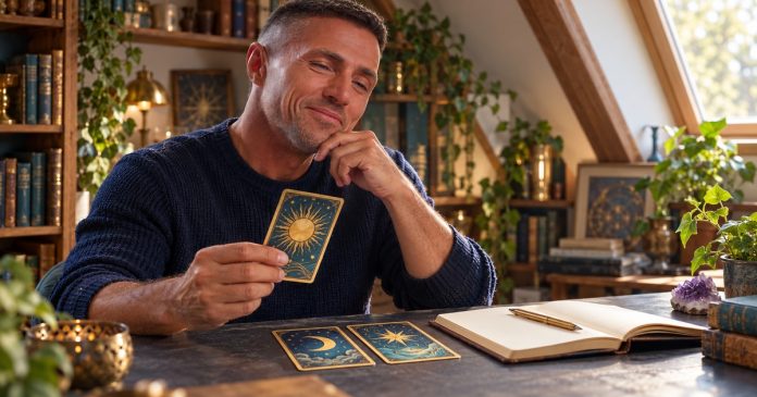 Man considering a sun tarot card beside moon and star cards and an open journal.