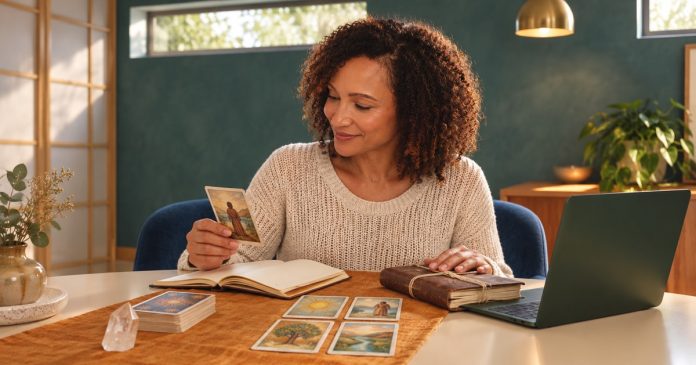 Understanding your past with tarot A woman holds a tarot card beside an open notebook, a tied journal, four laid-out cards and a dark-green laptop.