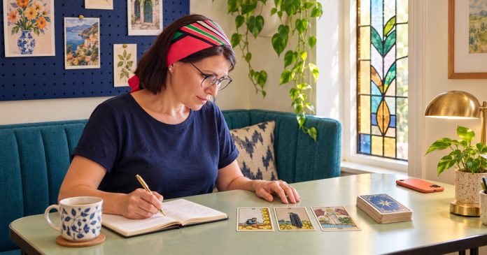 Woman in glasses and a striped headscarf writing beside three tarot cards, a deck and an orange phone at a pale sage desk.