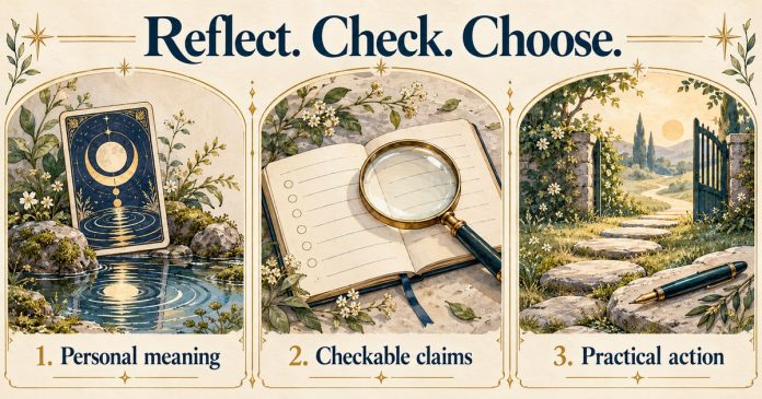 Three illustrated panels: 1 personal meaning with a moon card, 2 checkable claims with a magnifier, 3 practical action with a path.