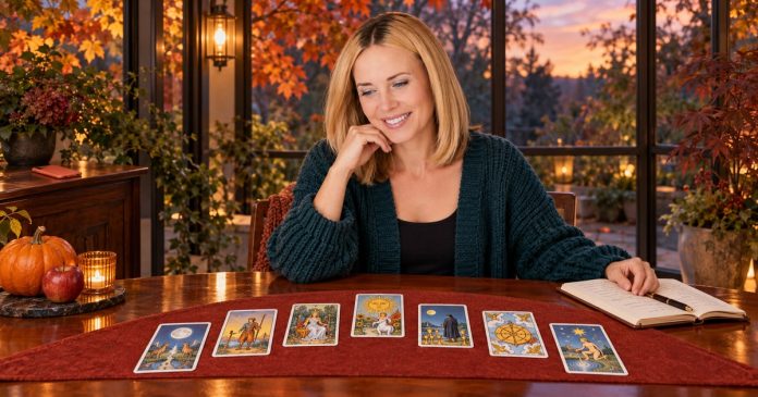 Woman in a teal cardigan reflecting on seven tarot cards in a shallow arc, with a notebook and autumn leaves beyond the windows.