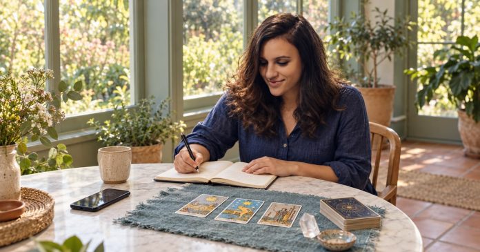 Woman writing in a journal beside three tarot cards and a quartz crystal in a sunlit room