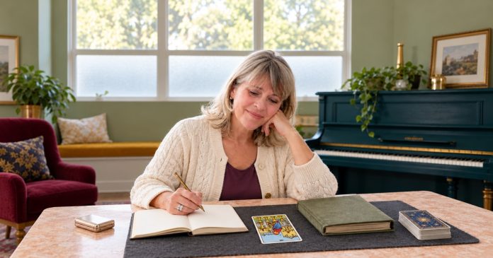 Reflecting with the reversed Six of Cups Silver-haired woman journaling beside a reversed Six of Cups card and a green photo album