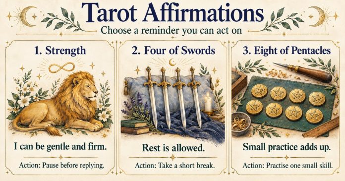 Tarot Affirmations: Reminders and Small Actions Three tarot affirmation examples: Strength for calm firmness, Four of Swords for rest and Eight of Pentacles for practice