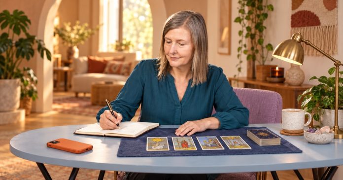 Four-card tarot preparation before a hard conversation Woman writing in a notebook beside four tarot cards on a blue desk, with an orange phone face down nearby.