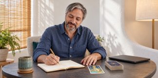 Tarot and Mental Wellness: A Reflective Practice, Not a Treatment Gray-haired man writing in a journal beside one tarot card and a closed laptop.
