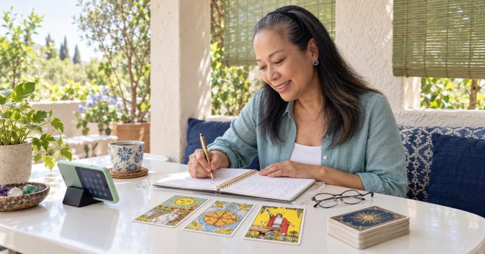 Tarot numerology — studying card numbers Woman with long dark hair and silver temples writing tarot notes beside Sun, Wheel and Magician cards and a mint-green phone.